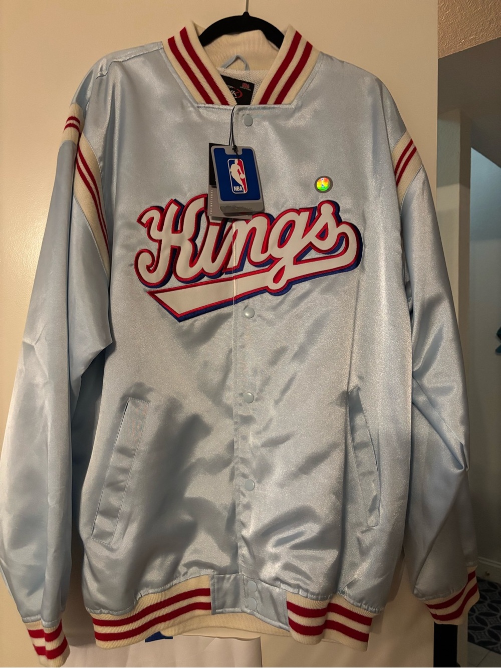 NBA Kings Light Blue Satin Bomber Jacket with Red and Cream Trim